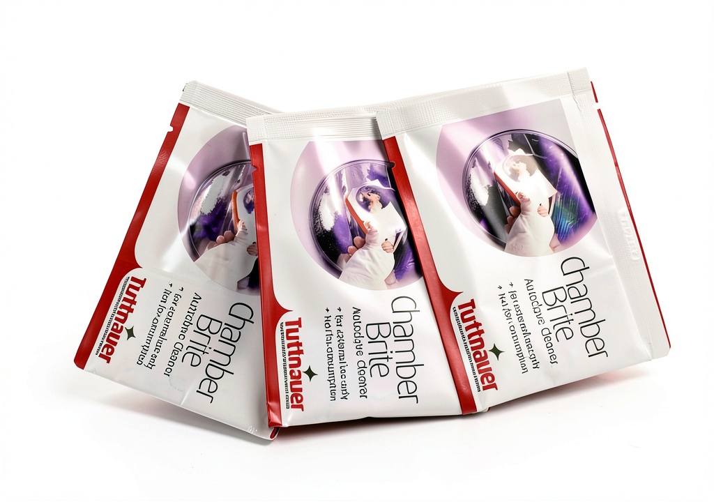 Tuttnauer sterilizer cleaner packet displayed next to a chamber sterilizer